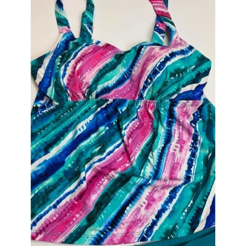 Kim Gravel x Swimsuits For All 2PC Tankini 12 Abstract Stripe‎ Swim Shorts Retro